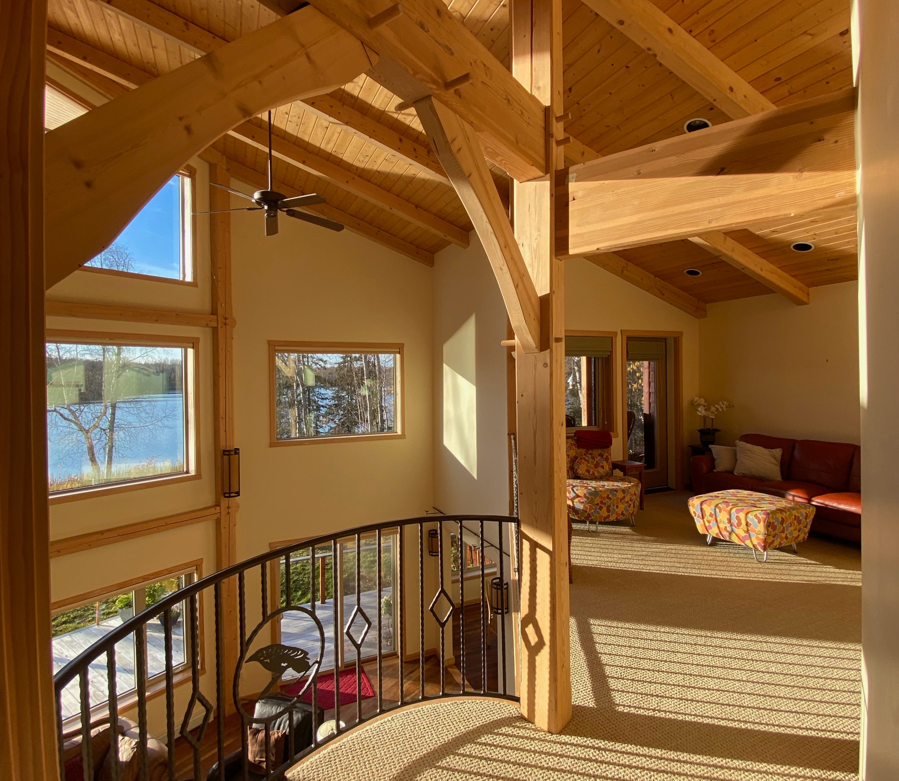 timber frame inside the lakefront house